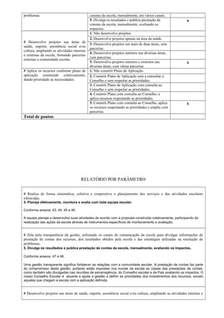 problemas. constas da escola, mensalmente, em vários canais. 
5. Divulga os resultados e publica prestação de 
constas da escola, mensalmente, avaliando os 
impactos. 
x 
# Desenvolve projetos nas áreas de 
saúde, esporte, assistência social e/ou 
cultura, ampliando as atividades internas 
e externas da escola, firmando parcerias 
externas a comunidade escolar. 
1. Não desenvolve projetos. 
2. Desenvolve projetos apenas na área da saúde. 
3. Desenvolve projetos em mais de duas áreas, sem 
parcerias. 
4. Desenvolve projetos internos nas diversas áreas, 
com parcerias. 
5. Desenvolve projetos internos e externos nas 
diversas áreas, com várias parcerias. 
x 
# Aplica os recursos conforme plano de 
aplicação construído coletivamente, 
dando prioridade as necessidades. 
1. Não constrói Plano de Aplicação. 
2. Constrói Plano de Aplicação sem a consultar o 
Conselho e sem respeitar as prioridades. 
3. Constrói Plano de Aplicação com consulta ao 
Conselho e sem respeitar as prioridades. 
4. Constrói Plano com consulta ao Conselho, e 
aplica recursos respeitando as prioridades. 
5. Constrói Plano com consulta ao Conselho, aplica 
os recursos respeitando as prioridades e amplia com 
parcerias. 
x 
Total de pontos 
RELATÓRIO POR PARÂMETRO 
# Realiza de forma sistemática, coletiva e cooperativa o planejamento dos serviços e das atividades escolares 
oferecidas. 
5. Planeja efetivamente, monitora e avalia com toda equipe escolar. 
Conforme anexos: 43, 44, 45 e 46. 
A equipe planeja e desenvolve suas atividades de acordo com a proposta construída coletivamente, participando da 
realização das ações da escola através de instrumentos específicos de monitoramento e avaliação. 
# Zela pela transparência da gestão, utilizando os canais de comunicação da escola para divulgar informações de 
prestação de contas dos recursos, dos resultados obtidos pela escola e das estratégias utilizadas na resolução de 
problemas. 
5. Divulga os resultados e publica prestação de contas da escola, mensalmente, avaliando os impactos. 
Conforme anexos: 47 e 48. 
Uma gestão transparente significa fortalecer as relações com a comunidade escolar. A prestação de contas faz parte 
do compromisso desta gestão, portanto estão expostas nos murais da escola as cópias das prestações de contas, 
como também são divulgadas nas reuniões de extrarregência, do Conselho escolar e de Pais avaliando os impactos. O 
nosso Conselho Escolar é atuante e ajuda a gestão a definir as prioridades dos investimentos dos recursos, exceto 
aqueles que chegam a escola com a aplicação definida. 
# Desenvolve projetos nas áreas de saúde, esporte, assistência social e/ou cultura, ampliando as atividades internas e 
 