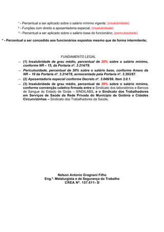 ¹ - Percentual a ser aplicado sobre o salário mínimo vigente; (insalubridade)
         ² - Funções com direito a aposentadoria especial; (insalubridade)
         ³ - Percentual a ser aplicado sobre o salário base do funcionário; (periculosidade)

* - Percentual a ser concedido aos funcionários expostos mesmo que de forma intermitente;



                                      FUNDAMENTO LEGAL
         ―   (1) Insalubridade de grau médio, percentual de 20% sobre o salário mínimo,
             conforme NR – 15, da Portaria no. 3.214/78.
         ―   Periculosidade, percentual de 30% sobre o salário base, conforme Anexo da
             NR – 16 da Portaria no. 3.214/78, acrescentado pela Portaria no. 3.393/87.
         ―   (2) Aposentadoria especial conforme Decreto no. 3.048/99. Item 3.0.1.
         ―   (3) Insalubridade de grau médio, percentual de 20% sobre o salário mínimo,
             conforme convenção coletiva firmada entre o Sindicato dos laboratórios e Bancos
             de Sangue do Estado de Goiás – SINDILABS, e o Sindicato dos Trabalhadores
             em Serviços de Saúde da Rede Privada do Município de Goiânia e Cidades
             Circunvizinhas – Sindicato dos Trabalhadores da Saúde.




                                   Nelson Antonio Gragnani Filho
                           Eng.º. Metalurgista e de Segurança do Trabalho
                                        CREA Nº. 157.611- D
 