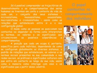 Só é possível compreender as trajectórias de         O papel
desenvolvimento e os comportamentos dos seres
humanos se tivermos em conta o contexto de vida de
                                                           contextos no
cada um, o conjunto dos seus sistemas –                   comportamento
microssistema,        mesossistema,       exossistema,
macrossistema e cronossistema – assim como as
                                                           dos indivíduos
relações que estabelecem entre si e a sua
configuração global.
         O modo como as pessoas se posicionam nos
contextos vai depender da forma como interpretam
as normas, os valores e os significados que
circunscrevem      as    possíveis    experiências    e
comportamentos.
         A posição que cada um ocupa é, portanto,
específica para cada indivíduo, dependendo de como
se configuram globalmente os diversos sistemas, o
padrão de relações que estabelecem, os valores e as
normas sociais presentes na sua comunidade e nas
redes sociais, as práticas e significados culturais com
que entra em contacto ao longo da sua vida, assim
como a maneira como interage com eles e os
significados que a partir deles constrói.
 