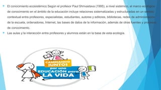  El conocimiento ecosistémico Según el profesor Paul Shrivastava (1995), a nivel sistémico, el marco ecológico
de conocimiento en el ámbito de la educación incluye relaciones sistematizadas y estructuradas en un sentido
contextual entre profesores, especialistas, estudiantes, autores y editores, bibliotecas, redes de administración
de la escuela, ordenadores, Internet, las bases de datos de la información, además de otras fuentes y procesos
de conocimiento.
 Las aulas y la interacción entre profesores y alumnos están en la base de esta ecología.
 