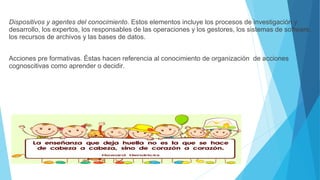 Dispositivos y agentes del conocimiento. Estos elementos incluye los procesos de investigación y
desarrollo, los expertos, los responsables de las operaciones y los gestores, los sistemas de software,
los recursos de archivos y las bases de datos.
Acciones pre formativas. Éstas hacen referencia al conocimiento de organización de acciones
cognoscitivas como aprender o decidir.
 