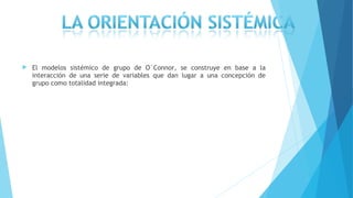  El modelos sistémico de grupo de O´Connor, se construye en base a la
interacción de una serie de variables que dan lugar a una concepción de
grupo como totalidad integrada:
 