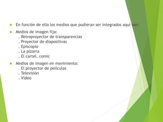  En función de ello los medios que pudieran ser integrados aquí son:
 Medios de imagen fija:
. Retroproyector de transparencias
. Proyector de diapositivas
. Episcopio
. La pizarra
. El cartel, comic
 Medios de imagen en movimiento:
. El proyector de películas
. Televisión
. Vídeo
 