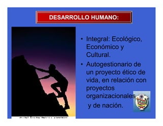 DESARROLLO HUMANO:


        • Integral: Ecológico,
          Económico y
          Cultural.
        • Autogestionario de
          un proyecto ético de
          vida, en relación con
          proyectos
          organizacionales
           y de nación.
 