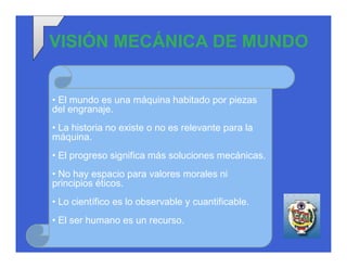 VISIÓN MECÁNICA DE MUNDO


• El mundo es una máquina habitado por piezas
del engranaje.
• La historia no existe o no es relevante para la
máquina.
• El progreso significa más soluciones mecánicas.
• No hay espacio para valores morales ni
principios éticos.
• Lo científico es lo observable y cuantificable.
• El ser humano es un recurso.
 