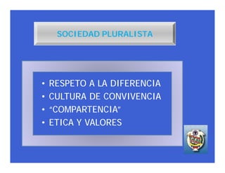 SOCIEDAD PLURALISTA




•   RESPETO A LA DIFERENCIA
•   CULTURA DE CONVIVENCIA
•   “COMPARTENCIA”
•   ETICA Y VALORES
 