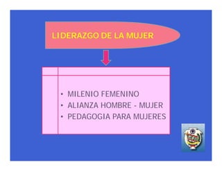 LIDERAZGO DE LA MUJER




 • MILENIO FEMENINO
 • ALIANZA HOMBRE - MUJER
 • PEDAGOGIA PARA MUJERES
 
