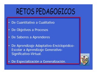 • De Cuantitativo a Cualitativo

• De Objetivos a Procesos

• De Saberes a Aprenderes

• De Aprendizaje Adaptativo-Enciclopédico-
  Escolar a Aprendizaje Generativo-
  Significativo-Virtual.

• De Especialización a Generalización.
 