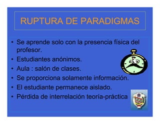RUPTURA DE PARADIGMAS

• Se aprende solo con la presencia física del
  profesor.
• Estudiantes anónimos.
• Aula : salón de clases.
• Se proporciona solamente información.
• El estudiante permanece aislado.
• Pérdida de interrelación teoría-práctica
 