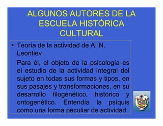 ALGUNOS AUTORES DE LA
       ESCUELA HISTÓRICA
           CULTURAL
• Teoría de la actividad de A. N.
  Leontiev
  Para él, el objeto de la psicología es
  el estudio de la actividad integral del
  sujeto en todas sus formas y tipos, en
  sus pasajes y transformaciones, en su
  desarrollo filogenético, histórico y
  ontogenético. Entendía la psíquis
  como una forma peculiar de actividad
 