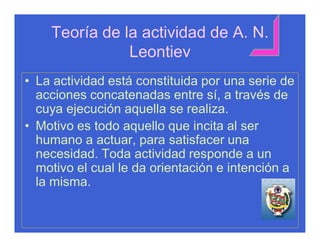 Teoría de la actividad de A. N.
               Leontiev
• La actividad está constituida por una serie de
  acciones concatenadas entre sí, a través de
  cuya ejecución aquella se realiza.
• Motivo es todo aquello que incita al ser
  humano a actuar, para satisfacer una
  necesidad. Toda actividad responde a un
  motivo el cual le da orientación e intención a
  la misma.
 