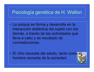 Psicología genética de H. Wallon

• La psiquis se forma y desarrolla en la
  interacción dialéctica del sujeto con los
  demás, a través de las actividades que
  lleva a cabo y es resultado de
  contradicciones.

• El niño necesita del adulto, tanto como el
  hombre necesita de la sociedad.
 