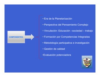 • Era de la Planetarización

               • Perspectiva del Pensamiento Complejo

               • Vinculación: Educación –sociedad – trabajo

COMPONENTES:   • Formación por Competencias Integradas

               • Metodología participativa e investigación

               • Gestión de calidad

               •Evaluación potenciadora
 