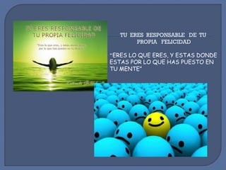 TU ERES RESPONSABLE DE TU
PROPIA FELICIDAD
“ERES LO QUE ERES, Y ESTAS DONDE
ESTAS POR LO QUE HAS PUESTO EN
TU MENTE”

 