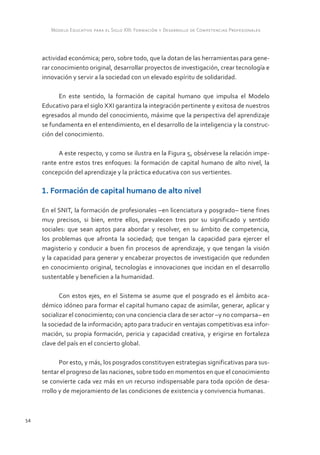 54 
Modelo Educativo para el Siglo XXI: Formación y Desarrollo de Competencias Profesionales 
actividad económica; pero, sobre todo, que la dotan de las herramientas para gene-rar 
conocimiento original, desarrollar proyectos de investigación, crear tecnología e 
innovación y servir a la sociedad con un elevado espíritu de solidaridad. 
En este sentido, la formación de capital humano que impulsa el Modelo 
Educativo para el siglo XXI garantiza la integración pertinente y exitosa de nuestros 
egresados al mundo del conocimiento, máxime que la perspectiva del aprendizaje 
se fundamenta en el entendimiento, en el desarrollo de la inteligencia y la construc-ción 
del conocimiento. 
A este respecto, y como se ilustra en la Figura 5, obsérvese la relación impe-rante 
entre estos tres enfoques: la formación de capital humano de alto nivel, la 
concepción del aprendizaje y la práctica educativa con sus vertientes. 
1. Formación de capital humano de alto nivel 
En el SNIT, la formación de profesionales –en licenciatura y posgrado– tiene fines 
muy precisos, si bien, entre ellos, prevalecen tres por su significado y sentido 
sociales: que sean aptos para abordar y resolver, en su ámbito de competencia, 
los problemas que afronta la sociedad; que tengan la capacidad para ejercer el 
magisterio y conducir a buen fin procesos de aprendizaje, y que tengan la visión 
y la capacidad para generar y encabezar proyectos de investigación que redunden 
en conocimiento original, tecnologías e innovaciones que incidan en el desarrollo 
sustentable y beneficien a la humanidad. 
Con estos ejes, en el Sistema se asume que el posgrado es el ámbito aca-démico 
idóneo para formar el capital humano capaz de asimilar, generar, aplicar y 
socializar el conocimiento; con una conciencia clara de ser actor –y no comparsa– en 
la sociedad de la información; apto para traducir en ventajas competitivas esa infor-mación, 
su propia formación, pericia y capacidad creativa, y erigirse en fortaleza 
clave del país en el concierto global. 
Por esto, y más, los posgrados constituyen estrategias significativas para sus-tentar 
el progreso de las naciones, sobre todo en momentos en que el conocimiento 
se convierte cada vez más en un recurso indispensable para toda opción de desa-rrollo 
y de mejoramiento de las condiciones de existencia y convivencia humanas. 
 