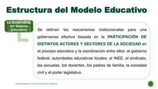 Estructura del Modelo Educativo
La Gobernanza
del Sistema
Educativo Se definen los mecanismos institucionales para una
gobernanza efectiva basada en la PARTICIPACIÓN DE
DISTINTOS ACTORES Y SECTORES DE LA SOCIEDAD en
el proceso educativo y la coordinación entre ellos: el gobierno
federal, autoridades educativas locales, el INEE, el sindicato,
las escuelas, los docentes, los padres de familia, la sociedad
civil y el poder legislativo.
DEPARTAMENTO DE EDUCACIÓN SECUNDARIA
 