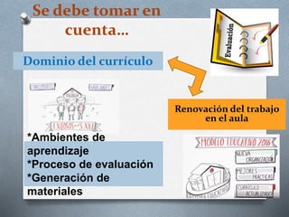 Se debe tomar en
cuenta…
Dominio del currículo
Renovación del trabajo
en el aula
*Ambientes de
aprendizaje
*Proceso de evaluación
*Generación de
materiales
 