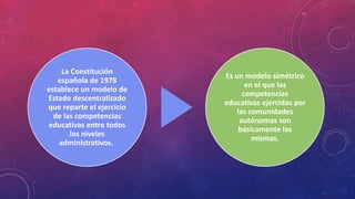 La Constitución
española de 1978
establece un modelo de
Estado descentralizado
que reparte el ejercicio
de las competencias
educativas entre todos
los niveles
administrativos.
Es un modelo simétrico
en el que las
competencias
educativas ejercidas por
las comunidades
autónomas son
básicamente las
mismas.
 