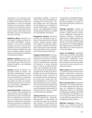 instituciones y las relaciones inter-
personales. Reconoce la diversidad y
el diálogo entre distintas formas de
pensamiento, así como la búsqueda
constante de conocimiento científico
y moral para la convivencia humana.
Parte de la convicción de que cada ser
humano puede y debe hacerse cargo
del modo en que sus actos impactan a
otros seres humanos.
Igualdad de género. Situación en la
cual mujeres y hombres acceden con
las mismas posibilidades y oportu-
nidades al uso, control y beneficio
de bienes, servicios y recursos de la
sociedad, así como a la toma de deci-
siones en todos los ámbitos de la vida
social, económica, política, cultural y
familiar. (Ley General para la Igualdad
entre Mujeres y Hombres)
Igualdad sustantiva. Acceso al mis-
mo trato y oportunidades para el re-
conocimiento, goce o ejercicio de los
derechos humanos y las libertades
fundamentales.
Inclusión. Enfoque de atención a la
diversidad. Implica el respeto a las
libertades fundamentales, los dere-
chos humanos y la pertenencia a una
misma comunidad para la educación,
la cultura y la participación en el de-
bate público de todas las personas,
independientemente de sus condicio-
nes, características, identidades, ca-
pacidades y necesidades.
Interdisciplinariedad. Cualidad de rea-
lizar un estudio u otra actividad con la
cooperación de varias disciplinas. La
promoción de la relación interdiscipli-
naria se contempla en el nuevo currí-
culo, el cual busca que la enseñanza
fomente la relación entre disciplinas,
áreas del conocimiento y asignaturas.
La información que hoy se tiene so-
bre cómo se crean las estructuras de
conocimiento complejo —a partir de
“piezas” básicas de aprendizajes que
se organizan de cierta manera— per-
mite trabajar para crear estructuras
de conocimiento que se transfieren a
campos disciplinarios y situaciones
nuevas. Esta adaptabilidad moviliza
los aprendizajes y potencia su utilidad
en la sociedad del conocimiento.
Investigación educativa. Producción
científica de conocimientos que ex-
plican el funcionamiento de distintos
asuntos: sistemas, prácticas educa-
tivas, aspectos emocionales, cogniti-
vos, sociales o culturales, entre otros.
Estas explicaciones sirven posterior-
mente para definir teorías prescripti-
vas y diseñar proyectos educativos.
Lenguaje y comunicación. En la educa-
ción básica, se trata de un campo for-
mativo que se concentra en la cultura
escrita. La adquisición de la escritura
requiere procedimientos especiales
de enseñanza, y resulta necesaria
como un área de concentración edu-
cativa. Las capacidades de abstrac-
ción, memoria, reconocimiento visual,
y asignación de sentido que están im-
plicadas, son en sí mismas útiles para
el desarrollo infantil, y permiten la
comunicación efectiva necesaria para
las interacciones sociales del mun-
do contemporáneo. El currículo de la
educación básica recurre a la produc-
ción contextualizada de lenguaje oral
o escrito, la escritura de textos guia-
dos por finalidades o destinatarios, la
interpretación de un texto, y el análi-
sis de la producción lingüística.
	
Liderazgo directivo. Uso de las facul-
tades de planificación, motivación,
administración y asesoramiento de
un equipo de trabajo. Es un requisito
para coordinar las definiciones del
componente Autonomía curricular; las
correspondientes alianzas e inversión
en materiales; el acompañamiento pe-
dagógico; la transformación pedagó-
gica de los docentes a su cargo; y la
dirección de la ética del cuidado en su
centro escolar.
Liderazgo educativo. Conjunto de
prácticas pedagógicas que facilitan,
orientan y regulan procesos comple-
jos de cooperación y formación de
docentes, directivos, funcionarios,
supervisores y demás partícipes del
SEN. La función del liderazgo es di-
namizar los distintos niveles del SEN
para mantener el sentido pedagógico
del trabajo escolar; y desarrollar y li-
derar prácticas y cultura inclusiva en
el centro de trabajo.
Logros de aprendizaje. Habilidades
intelectuales y prácticas observables
que, en términos de adquisición de
conocimientos, habilidades, actitu-
des y valores, se espera que el estu-
diante desarrolle de manera gradual
tras concluir el curso de un plan o pro-
grama de estudios.
Mapa curricular. Representación gráfi-
ca y simbólica de las relaciones entre
algunos componentes curriculares.
Representa la secuencia temporal de
los estudios y su relación con la dis-
tribución por áreas de conocimiento.
Marco Curricular Común. Esquema de
organización curricular para la educa-
ción media superior que tiene como
base las competencias genéricas,
disciplinares (básicas y extendidas)
y profesionales que deben desarrollar
los estudiantes. Está orientado a do-
tar a la educación media superior de
una identidad que responda a sus ne-
cesidades presentes y futuras.
Materiales educativos. Objetos uti-
lizados con la intención de facilitar
el acercamiento a los contenidos de
M O D E L O E D U C A T I V O
211
 