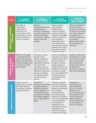 Ámbitos
Al término
del preescolar
Al término
de la primaria
Al término
de la secundaria
Al término
de la educación
media superior
Apreciaciónyexpresión
artísticas
Desarrolla su
creatividad e
imaginación al
expresarse con
recursos de las artes
(por ejemplo, las artes
visuales, la danza, la
música y el teatro).
Explora y
experimenta distintas
manifestaciones
artísticas. Se expresa
de manera creativa por
medio de elementos
de la música, la danza,
el teatro y las artes
visuales.
Analiza, aprecia y
realiza distintas
manifestaciones
artísticas. Identifica
y ejerce sus derechos
culturales (por ejemplo,
el derecho a practicar
sus costumbres y
tradiciones). Aplica
su creatividad para
expresarse por medio de
elementos de las artes
(entre ellas, la música,
la danza y el teatro).
Valora y experimenta
las artes porque le
permiten comunicarse
y le aportan un sentido
a su vida. Comprende
su contribución al
desarrollo integral de
las personas.
Aprecia la diversidad
de las expresiones
culturales.
Atenciónalcuerpo
ylasalud
Identifica sus rasgos
y cualidades físicas y
reconoce las de otros.
Realiza actividad física
a partir del juego motor
y sabe que es buena
para la salud.
Reconoce su cuerpo.
Resuelve retos y
desafíos mediante el
uso creativo de sus
habilidades corporales.
Toma decisiones
informadas sobre su
higiene y alimentación.
Participa en situaciones
de juego y actividad
física, procurando la
convivencia sana y
pacífica.
Activa sus habilidades
corporales y las adapta
a distintas situaciones
que se afrontan en
el juego y el deporte
escolar. Adopta un
enfoque preventivo al
identificar las ventajas
de cuidar su cuerpo,
tener una alimentación
correcta y practicar
actividad física con
regularidad.
Asume el compromiso
de mantener su cuerpo
sano, tanto en lo que
toca a su salud física
como mental. Evita
conductas y prácticas
de riesgo para
favorecer un estilo de
vida activo y saludable.
Cuidadodelmedioambiente
Conoce y practica
hábitos para el cuidado
del medio ambiente
(por ejemplo, recoger y
separar la basura).
Reconoce la
importancia del cuidado
del medio ambiente.
Identifica problemas
locales y globales, así
como soluciones que
puede poner en práctica
(por ejemplo, apagar la
luz y no desperdiciar el
agua).
Promueve el cuidado
del medio ambiente de
forma activa. Identifica
problemas relacionados
con el cuidado
de los ecosistemas
y las soluciones que
impliquen la utilización
de los recursos naturales
con responsabilidad
y racionalidad. Se
compromete con la
aplicación de acciones
sustentables en su
entorno (por ejemplo,
reciclar y ahorrar agua).
Comprende la
importancia de la
sustentabilidad y
asume una actitud
proactiva para
encontrar soluciones.
Piensa globalmente
y actúa localmente.
Valora el impacto
social y ambiental de
las innovaciones y
avances científicos.
M O D E L O E D U C A T I V O
53
 