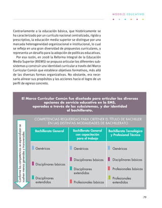 Contrariamente a la educación básica, que históricamente se
ha caracterizado por un currículo nacional centralizado, rígido y
prescriptivo, la educación media superior se distingue por una
marcada heterogeneidad organizacional e institucional, lo cual
se refleja en una gran diversidad de propuestas curriculares, y
representa un desafío para la adopción de políticas educativas.
Por esa razón, en 2008 la Reforma Integral de la Educación
Media Superior (RIEMS) se propuso articular los diferentes sub-
sistemas y construir una identidad curricular a través del Marco
Curricular Común que establece objetivos formativos, más allá
de las diversas formas organizativas. No obstante, era nece-
sario alinear sus propósitos y las acciones hacia el logro de un
perfil de egreso concreto.
Genéricas
Conformelascompetenciasseespecializanse
vuelvenmenosgeneralesytransversales.
COMPETENCIAS REQUERIDAS PARA OBTENER EL TÍTULO DE BACHILLER
EN LAS DISTINTAS MODALIDADES DE BACHILLERATO
Bachillerato General Bachillerato General
con capacitación
para el trabajo
Bachillerato Tecnológico
y Profesional Técnico
DESCRIPCIONES
Genéricas Genéricas Genéricas
Disciplinares básicas
Disciplinares
extendidas
Disciplinares básicas
Disciplinares
extendidas
Disciplinares básicas
Profesionales básicas
Profesionales básicas
Profesionales
extendidas
11 Competencias genéricas
El Marco Curricular Común fue diseñado para articular las diversas
opciones de servicio educativo en la EMS,
operadas a través de los subsistemas, y dar identidad
al bachillerato.
M O D E L O E D U C A T I V O
79
 