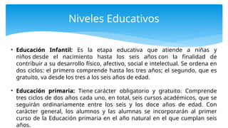 Niveles Educativos
• Educación Infantil: Es la etapa educativa que atiende a niñas y
niños desde el nacimiento hasta los seis años con la finalidad de
contribuir a su desarrollo físico, afectivo, social e intelectual. Se ordena en
dos ciclos: el primero comprende hasta los tres años; el segundo, que es
gratuito, va desde los tres a los seis años de edad.
• Educación primaria: Tiene carácter obligatorio y gratuito. Comprende
tres ciclos de dos años cada uno, en total, seis cursos académicos, que se
seguirán ordinariamente entre los seis y los doce años de edad. Con
carácter general, los alumnos y las alumnas se incorporarán al primer
curso de la Educación primaria en el año natural en el que cumplan seis
años.
 