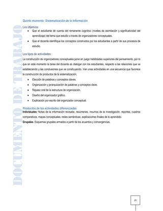 Quinto momento: Sistematización de la Información
Los objetivos:
        Que el estudiante dé cuenta del remanente cognitivo (niveles de asimilación y significatividad del
         aprendizaje) del tema que estudio a través de organizadores conceptuales.
        Que el docente identifique los conceptos construidos por los estudiantes a partir de sus procesos de
         estudio.

Los tipos de actividades:
La construcción de organizadores conceptuales pone en juego habilidades superiores del pensamiento, por lo
que en este momento la tarea del docente es dialogar con los estudiantes, respecto a las relaciones que va
estableciendo y las conclusiones que va construyendo. Van unas actividades en una secuencia que favorece
la construcción de productos de la sistematización.
        Elección de palabras y conceptos claves.
        Organización y jerarquización de palabras y conceptos clave.
        Repaso oral de la estructura de organización.
        Diseño del organizador gráfico.
        Explicación por escrito del organizador conceptual.

Productos de las actividades diferenciadas
Individuales: Notas de la información revisada, resúmenes, insumos de la investigación, reportes, cuadros
comparativos, mapas conceptuales, redes semánticas, explicaciones finales de lo aprendido.
Grupales: Esquemas grupales armados a partir de los acuerdos y convergencias.




                                                                                                       20
 