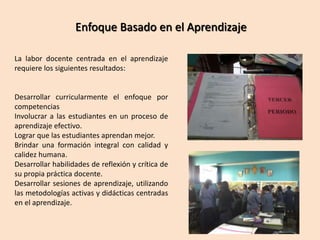 Enfoque Basado en el Aprendizaje
La labor docente centrada en el aprendizaje
requiere los siguientes resultados:
Desarrollar curricularmente el enfoque por
competencias
Involucrar a las estudiantes en un proceso de
aprendizaje efectivo.
Lograr que las estudiantes aprendan mejor.
Brindar una formación integral con calidad y
calidez humana.
Desarrollar habilidades de reflexión y crítica de
su propia práctica docente.
Desarrollar sesiones de aprendizaje, utilizando
las metodologías activas y didácticas centradas
en el aprendizaje.
 