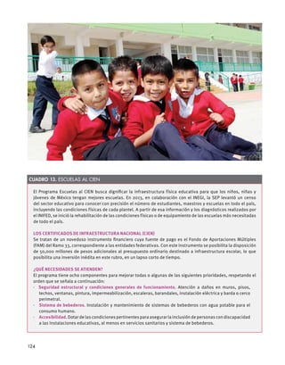 El Programa Escuelas al CIEN busca dignificar la infraestructura física educativa para que los niños, niñas y
jóvenes de México tengan mejores escuelas. En 2013, en colaboración con el INEGI, la SEP levantó un censo
del sector educativo para conocer con precisión el número de estudiantes, maestros y escuelas en todo el país,
incluyendo las condiciones físicas de cada plantel. A partir de esa información y los diagnósticos realizados por
el INIFED, se inició la rehabilitación de las condiciones físicas o de equipamiento de las escuelas más necesitadas
de todo el país.
Los Certificados de Infraestructura Nacional (CIEN)
Se tratan de un novedoso instrumento financiero cuya fuente de pago es el Fondo de Aportaciones Múltiples
(FAM) del Ramo 33, correspondiente a las entidades federativas. Con este instrumento se posibilita la disposición
de 50,000 millones de pesos adicionales al presupuesto ordinario destinado a infraestructura escolar, lo que
posibilita una inversión inédita en este rubro, en un lapso corto de tiempo.
¿Qué necesidades se atienden?
El programa tiene ocho componentes para mejorar todas o algunas de las siguientes prioridades, respetando el
orden que se señala a continuación:
·  Seguridad estructural y condiciones generales de funcionamiento. Atención a daños en muros, pisos,
techos, ventanas, pintura, impermeabilización, escaleras, barandales, instalación eléctrica y barda o cerco
perimetral.
·  Sistema de bebederos. Instalación y mantenimiento de sistemas de bebederos con agua potable para el
consumo humano.
· Accesibilidad. Dotar de las condiciones pertinentes para asegurar la inclusión de personas con discapacidad
a las instalaciones educativas, al menos en servicios sanitarios y sistema de bebederos.
Cuadro 13. Escuelas al CIEN
124
 