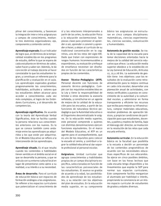 plinar del conocimiento, y favorecen
la integración inter e intra asignaturas
y campos de conocimiento, median-
te tres dominios organizadores: eje,
componente y contenido central.
Aprendizaje esperado. Es un indicador
de logro que, en términos de la tempo-
ralidad establecida en los programas
de estudio, define lo que se espera de
cada estudiante en términos de saber,
saber hacer y saber ser. Además, le da
concreción al trabajo docente al hacer
constatable lo que los estudiantes lo-
gran, y constituye un referente para la
planificación y evaluación en el aula.
Los aprendizajes esperados gradúan
progresivamente los conocimientos,
habilidades, actitudes y valores que
los estudiantes deben alcanzar para
acceder a conocimientos cada vez
más complejos, al logro de los Están-
dares Curriculares, y al desarrollo de
competencias.
Aprendizaje significativo. De acuerdo
con la teoría del Aprendizaje Verbal
Significativo, éste se facilita cuando
la persona relaciona sus conocimien-
tos anteriores con los nuevos. Es lo
que se conoce también como anda-
miaje entre los aprendizajes ya adqui-
ridos y los que están por adquirirse.
En el Modelo Educativo se refiere a la
interconexión de los aprendizajes.
Aprendizaje situado. Es el que resulta
cuando los contenidos o habilidades
tienen sentido en el ámbito social en el
que se desarrolla la persona, y que se
articula con su entorno cultural local en
lugar de presentarse como ajeno a su
realidad, a su interés o a su necesidad.
Áreas de desarrollo. Para el currículo
de educación básica son espacios de
formación análogos a las asignaturas.
Se refieren a los espacios curriculares
que potencializan el conocimiento de
sí y las relaciones interpersonales a
partir de las artes, la educación física
y la educación socioemocional. Son
piezas clave para promover el apren-
der a ser, aprender a convivir y apren-
der a hacer, y alejan al currículo de su
tradicional concentración en lo cog-
nitivo, uno de los retos del siglo XXI.
Dado que tratan con expresiones de
rasgos humanos inconmensurables y
espontáneos, su evaluación y enfoque
de enseñanza necesitan ser diseña-
dos en función de las características
propias de los contenidos.
Asesor Técnico–Pedagógico (ATP).
Personal docente con funciones de
asesoría técnico–pedagógica. Cum-
ple con los requisitos establecidos en
la Ley y tiene la responsabilidad de
brindar a otros docentes la asesoría
señalada, y constituirse en un agente
de mejora de la calidad de la educa-
ción para las escuelas, a partir de las
funciones de naturaleza técnico–pe-
dagógica que la Autoridad educativa o
el Organismo descentralizado le asig-
ne. En la educación media superior,
este personal comprende a quienes
con distintas denominaciones ejercen
funciones equivalentes. En el marco
del Modelo Educativo, el ATP es un
agente para el acompañamiento, que
es uno de los requisitos para colocar
la escuela al centro, y contribuir a lo-
grar la calidad educativa al dar sopor-
te profesional al personal escolar.
Asignatura. Unidad curricular que
agrupa conocimientos y habilidades
propias de un campo disciplinario es-
pecífico, seleccionadas en función de
las características psicosociales de
los estudiantes. El avance se gradúa
de acuerdo a la edad, las posibilida-
des de aprendizaje de los estudian-
tes, y su relación con los objetivos
del plan de estudios. En la educación
media superior, en su componente
básico las asignaturas se estructu-
ran en cinco campos disciplinares:
matemáticas, ciencias experimenta-
les, ciencias sociales, comunicación
y humanidades.
Autonomía de gestión escolar. Se tra-
ta de la capacidad de la escuela para
tomar decisiones orientadas hacia la
mejora de la calidad del servicio edu-
cativo que ofrece. La educación media
superior obedece a lo establecido en
la Ley General de Educación, Artículos
12, 25 y 28 bis. La autonomía de ges-
tión tiene tres objetivos: usar los re-
sultados de la evaluación como retro-
alimentación para la mejora continua
en cada ciclo escolar; desarrollar una
planeación anual de actividades, con
metas verificables y puestas en cono-
cimiento de la autoridad y la comuni-
dad escolar; y administrar en forma
transparente y eficiente los recursos
que reciba para mejorar su infraestruc-
tura, comprar materiales educativos,
resolver problemas de operación bá-
sicos, y propiciar condiciones de parti-
cipación para que estudiantes, docen-
tes, y padres y madres de familia, bajo
el liderazgo del director, se involucren
en la resolución de los retos que cada
escuela enfrenta.
Autonomía curricular. En la educación
básica es la facultad que posibilita
a la escuela a decidir un porcentaje
de los contenidos programáticos de
acuerdo con las necesidades educa-
tivas específicas de sus educandos.
Se ejerce en cinco posibles ámbitos,
con base en las horas lectivas que
cada escuela tenga disponibles y los
lineamientos que expida la SEP para
normar sus espacios curriculares.
Este componente facilita reorganizar
al alumnado por habilidad o interés,
propiciando la convivencia en un mis-
mo espacio curricular de estudiantes
de grados y edades diversas.
200
 