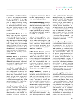 Conocimiento. Entendimiento teórico
o práctico de la realidad, elaborado
por la sistematización de las expe-
riencias adquiridas en diversos ám-
bitos de la vida. Producirlo conjuga
las capacidades de percibir, asimi-
lar, razonar y recordar. Cada persona
construye el conocimiento en rela-
ción con su ambiente físico y socioe-
mocional.
 
Consejo Técnico Escolar. En la edu-
cación básica se trata del cuerpo
colegiado integrado por el director y
la totalidad del personal docente de
cada escuela, encargados de planear
y ejecutar decisiones comunes diri-
gidas a que el centro escolar, de ma-
nera unificada, se enfoque a cumplir
satisfactoriamente su misión. En el
Consejo Técnico Escolar, se observan
y comentan las necesidades técnico –
pedagógicas de la escuela y se planea
la Ruta de Mejora.
Contenido central. En la educación
media superior corresponde a los
aprendizajes fundamentales, y se re-
fiere a los conocimientos, habilidades
y actitudes de mayor jerarquía dentro
de los programas de estudio.
Contenido(s) educativo(s). Conoci-
mientos, habilidades, actitudes y va-
lores propuestos en un currículo para
ser transmitidos en un proyecto edu-
cativo. Estos contenidos son valiosos
para la sociedad ya que forman la cul-
tura y los valores del estudiante, que
le permitirán el ejercicio de la ciuda-
danía, la vida laboral, la vida familiar y
las relaciones interpersonales.
Contenidos fundamentales. Conoci-
mientos, habilidades, actitudes y va-
lores seleccionados para la educación
básica, en función de las siguientes
características: 1) que atiendan a la
formación integral del individuo; 2)
que propicien aprendizajes durade-
ros; y 3) que mantengan un balance
entre la cantidad y la calidad.
Contenidos programáticos. Conjunto
de conocimientos y habilidades que
se enseñan y aprenden en el curso de
un programa educativo. Permiten a
los docentes programar sus estrate-
gias de enseñanza, uso de recursos y
actividades enfocadas a la formación
integral de los estudiantes.
Cultura. Rasgos tangibles o intan-
gibles que distinguen a un grupo
social. Abarca distintas formas y ex-
presiones de una sociedad: produc-
ciones lingüísticas, modos de vida,
manifestaciones artísticas, dere-
chos, costumbres, rituales, sistemas
de valores y creencias.
Cultura escolar. Prácticas y convic-
ciones sobre los modos de vida y los
sistemas de valores presentes en el
ámbito escolar. Abarcan las formas de
organizar a las comunidades escola-
res, y las funciones que conciernen a
cada actor en relación con otros y en
relación con el currículo mismo. Sin
embargo, estas relaciones no son es-
táticas, dan lugar a la reflexión y a la
búsqueda de nuevas significaciones.
Cultura pedagógica. Conjunto de
prácticas y teorías sobre los modos de
enseñanza, aprendizaje y gestión es-
colar. Con frecuencia, estas conviccio-
nes se expresan en el currículo y en los
planes y programas de estudio, pero
también en las formas de interacción
entre los actores escolares. La cultura
pedagógica se transforma y se adap-
ta a las necesidades de educación de
distintas épocas y sociedades.
Currículo. Cada vez menos se concibe
como una lista de contenidos, y más
como la suma y organización de pará-
metros que favorecen el desempeño
de los estudiantes. Éste da lugar a una
particular ecología del aprendizaje,
es decir, a las relaciones simples y
complejas que se producen entre los
actores (estudiantes, profesores, di-
rectivos, padres, autoridades, etc.)
que participan del hecho educativo,
y a la interacción de ellos con el con-
texto del que forman parte. Entre los
parámetros que dan forma al currícu-
lo destacan: ¿Para qué se aprende?
¿Cómo y con quién se aprende? y ¿Qué
se aprende?, es decir, los fines, la pe-
dagogía y los contenidos.
Derechos humanos. De acuerdo con
la Oficina del Alto Comisionado de las
Naciones Unidas para los Derechos
Humanos, son inherentes a todos los
seres humanos, sin distinción alguna
de nacionalidad, lugar de residencia,
sexo, origen nacional o étnico, co-
lor, religión, lengua, o cualquier otra
condición. Todas las personas tienen
los mismos derechos humanos, sin
discriminación alguna. Ellos son in-
terrelacionados, interdependientes e
indivisibles. Son universales y están
contemplados en la ley y garantiza-
dos por ella, a través de los tratados,
el derecho internacional consuetudi-
nario, los principios generales y otras
fuentes del derecho internacional.
Desarrollo cognitivo. Fortalecimiento
de los distintos aspectos que permiten
al individuo construir conocimiento,
tales como la experiencia, la memoria,
la atención, el lenguaje, la percepción
o la abstracción, entre otros. El desa-
rrollo cognitivo no es un proceso apar-
te del desarrollo emocional o físico, se
complementa con ambos. Se vincula
particularmente con el aprender a
aprender y aprender a hacer; pero hoy
se sabe que se ve favorecido de mane-
ra importante por la relación con los
otros, es decir, aprender a convivir.
M O D E L O E D U C A T I V O
203
 