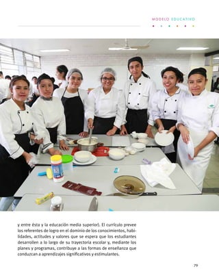 y entre ésta y la educación media superior). El currículo prevee
los referentes de logro en el dominio de los conocimientos, habi-
lidades, actitudes y valores que se espera que los estudiantes
desarrollen a lo largo de su trayectoria escolar y, mediante los
planes y programas, contribuye a las formas de enseñanza que
conduzcan a aprendizajes significativos y estimulantes.
M O D E L O E D U C A T I V O
79
 