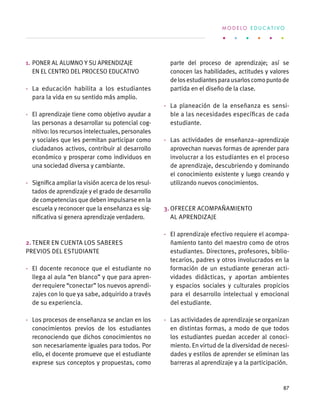 1.	PONER AL ALUMNO Y SU APRENDIZAJE
EN EL CENTRO DEL PROCESO EDUCATIVO
·	 La educación habilita a los estudiantes
para la vida en su sentido más amplio.
·	 El aprendizaje tiene como objetivo ayudar a
las personas a desarrollar su potencial cog-
nitivo: los recursos intelectuales, personales
y sociales que les permitan participar como
ciudadanos activos, contribuir al desarrollo
económico y prosperar como individuos en
una sociedad diversa y cambiante.
·	 Significa ampliar la visión acerca de los resul-
tados de aprendizaje y el grado de desarrollo
de competencias que deben impulsarse en la
escuela y reconocer que la enseñanza es sig-
nificativa si genera aprendizaje verdadero.
2.	Tener en cuenta los saberes
previos del estudiante
·	 El docente reconoce que el estudiante no
llega al aula “en blanco” y que para apren-
der requiere “conectar” los nuevos aprendi-
zajes con lo que ya sabe, adquirido a través
de su experiencia.
·	 Los procesos de enseñanza se anclan en los
conocimientos previos de los estudiantes
reconociendo que dichos conocimientos no
son necesariamente iguales para todos. Por
ello, el docente promueve que el estudiante
exprese sus conceptos y propuestas, como
parte del proceso de aprendizaje; así se
conocen las habilidades, actitudes y valores
delosestudiantesparausarloscomopuntode
partida en el diseño de la clase.
·	 La planeación de la enseñanza es sensi-
ble a las necesidades específicas de cada
estudiante.
·	 Las actividades de enseñanza–aprendizaje
aprovechan nuevas formas de aprender para
involucrar a los estudiantes en el proceso
de aprendizaje, descubriendo y dominando
el conocimiento existente y luego creando y
utilizando nuevos conocimientos.
3.	Ofrecer acompañamiento
al aprendizaje
·	 El aprendizaje efectivo requiere el acompa-
ñamiento tanto del maestro como de otros
estudiantes. Directores, profesores, biblio-
tecarios, padres y otros involucrados en la
formación de un estudiante generan acti-
vidades didácticas, y aportan ambientes
y espacios sociales y culturales propicios
para el desarrollo intelectual y emocional
del estudiante.
·	 Las actividades de aprendizaje se organizan
en distintas formas, a modo de que todos
los estudiantes puedan acceder al conoci-
miento. En virtud de la diversidad de necesi-
dades y estilos de aprender se eliminan las
barreras al aprendizaje y a la participación.
M O D E L O E D U C A T I V O
87
 