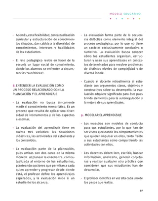·	 Además,estaflexibilidad,contextualización
curricular y estructuración de conocimien-
tos situados, dan cabida a la diversidad de
conocimientos, intereses y habilidades
de los estudiantes.
·	 El reto pedagógico reside en hacer de la
escuela un lugar social de conocimiento,
donde los alumnos se enfrenten a circuns-
tancias “auténticas”.
8.	Entender la evaluación como
un proceso relacionado con la
planeación y el aprendizaje
·	 La evaluación no busca únicamente
medir el conocimiento memorístico. Es un
proceso que resulta de aplicar una diver-
sidad de instrumentos y de los aspectos
a estimar.
·	 La evaluación del aprendizaje tiene en
cuenta tres variables: las situaciones
didácticas, las actividades del estudiante y
los contenidos.
·	 La evaluación parte de la planeación,
pues ambas son dos caras de la misma
moneda: al planear la enseñanza, contex-
tualizada al entorno de los estudiantes,
planteando opciones que permitan a cada
quien aprender y progresar desde donde
está, el profesor define los aprendizajes
esperados, y la evaluación mide si un
estudiante los alcanza.
·	 La evaluación forma parte de la secuen-
cia didáctica como elemento integral del
proceso pedagógico, por lo que no tiene
un carácter exclusivamente conclusivo o
sumativo. La evaluación busca conocer
cómo los estudiantes organizan, estruc-
turan y usan sus aprendizajes en contex-
tos determinados para resolver problemas
de distintos niveles de complejidad y de
diversa índole.
·	 Cuando el docente retroalimenta al estu-
diante con argumentos claros, objetivos y
constructivos sobre su desempeño, la eva-
luación adquiere significado para éste pues
brinda elementos para la autorregulación y
la mejora de sus aprendizajes.
9.	 Modelar el aprendizaje
·	 Los maestros son modelos de conducta
para sus estudiantes, por lo que han de
ser vistos ejecutando los comportamientos
que quieren impulsar en ellos, tanto frente
a sus estudiantes como compartiendo las
actividades con ellos.
·	 Los docentes deben leer, escribir, buscar
información, analizarla, generar conjetu-
ras y realizar cualquier otra práctica que
consideren que sus estudiantes han de
desarrollar.
·	 El profesor identifica en voz alta cada uno de
los pasos que realiza.
M O D E L O E D U C A T I V O
89
 
