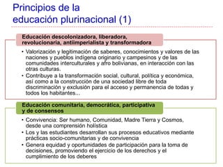 Principios de la
educación plurinacional (1)
• Valorización y legitimación de saberes, conocimientos y valores de las
naciones y pueblos indígena originario y campesinos y de las
comunidades interculturales y afro bolivianas, en interacción con las
otras culturas.
• Contribuye a la transformación social, cultural, política y económica,
así como a la construcción de una sociedad libre de toda
discriminación y exclusión para el acceso y permanencia de todas y
todos los habitantes...
Educación descolonizadora, liberadora,
revolucionaria, antiimperialista y transformadora
• Convivencia: Ser humano, Comunidad, Madre Tierra y Cosmos,
desde una comprensión holística
• Los y las estudiantes desarrollan sus procesos educativos mediante
prácticas socio-comunitarias y de convivencia
• Genera equidad y oportunidades de participación para la toma de
decisiones, promoviendo el ejercicio de los derechos y el
cumplimiento de los deberes
Educación comunitaria, democrática, participativa
y de consensos
 