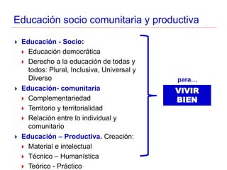 Educación socio comunitaria y productiva
 Educación - Socio:
 Educación democrática
 Derecho a la educación de todas y
todos: Plural, Inclusiva, Universal y
Diverso
 Educación- comunitaria
 Complementariedad
 Territorio y territorialidad
 Relación entre lo individual y
comunitario
 Educación – Productiva. Creación:
 Material e intelectual
 Técnico – Humanística
 Teórico - Práctico
VIVIR
BIEN
para…
 