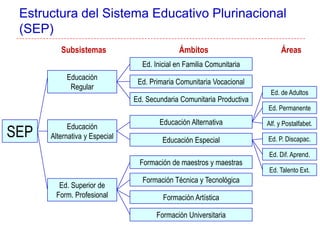 Estructura del Sistema Educativo Plurinacional
(SEP)
SEP
Educación
Regular
Educación
Alternativa y Especial
Ed. Superior de
Form. Profesional
Ed. Inicial en Familia Comunitaria
Ed. Primaria Comunitaria Vocacional
Educación Especial
Educación Alternativa
Formación de maestros y maestras
Formación Técnica y Tecnológica
Formación Artística
Formación Universitaria
Ed. Secundaria Comunitaria Productiva
Ed. de Adultos
Ed. Permanente
Alf. y Postalfabet.
Ed. Talento Ext.
Ed. P. Discapac.
Ed. Dif. Aprend.
Subsistemas Ámbitos Áreas
 