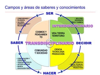 Campos y áreas de saberes y conocimientos
• COMUNICACIÓN Y
LENGUAJES
• CIENCIAS SOCIALES
• ARTESPLASTICAS
• MUSICA
• EDUCACION FISICA
• MATEMATICA
• ÁREAS TÉCNICAS,
TECNOLÓGICAS Y
PRODUCTIVAS
• COMOVISIONES Y
FILOSOFIA
• VALORES,
ESPIRITUALIDAD Y
RELIGIONES
• BIOLOGIA,
GEOGRAFÍA
• FÍSICA Y QUIMICA
VIDA TIERRA
TERRITORIO
COSMOS Y
PENSAMIEN
TO
COMUNIDAD
Y SOCIEDAD
CIENCIA
TECNOLOGIA
PRODUCCIÓN
SER
DECIDIR
HACER
SABER
 