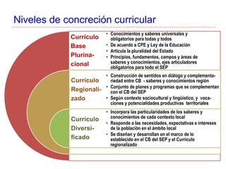 Niveles de concreción curricular
Currículo
Base
Plurina-
cional
Currículo
Regionali-
zado
Currículo
Diversi-
ficado
• Conocimientos y saberes universales y
obligatorios para todas y todos
• De acuerdo a CPE y Ley de la Educación
• Articula la pluralidad del Estado
• Principios, fundamentos, campos y áreas de
saberes y conocimientos, ejes articuladores
obligatorios para todo el SEP
• Construcción de sentidos en diálogo y complementa-
riedad entre CB - saberes y conocimientos región
• Conjunto de planes y programas que se complementan
con el CB del SEP
• Según contexto sociocultural y lingüístico, y voca-
ciones y potencialidades productivas territoriales
• Incorpora las particularidades de los saberes y
conocimientos de cada contexto local
• Responde a las necesidades, expectativas e intereses
de la población en el ámbito local
• Se diseñan y desarrollan en el marco de lo
establecido en el CB del SEP y el Currículo
regionalizado
 