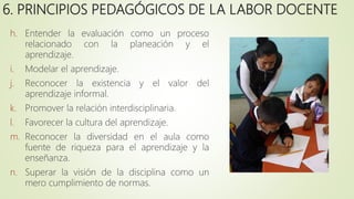 6. PRINCIPIOS PEDAGÓGICOS DE LA LABOR DOCENTE
h. Entender la evaluación como un proceso
relacionado con la planeación y el
aprendizaje.
i. Modelar el aprendizaje.
j. Reconocer la existencia y el valor del
aprendizaje informal.
k. Promover la relación interdisciplinaria.
l. Favorecer la cultura del aprendizaje.
m. Reconocer la diversidad en el aula como
fuente de riqueza para el aprendizaje y la
enseñanza.
n. Superar la visión de la disciplina como un
mero cumplimiento de normas.
 