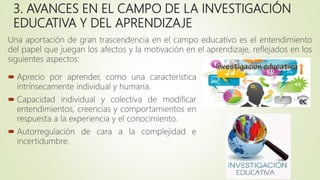 3. AVANCES EN EL CAMPO DE LA INVESTIGACIÓN
EDUCATIVA Y DEL APRENDIZAJE
Una aportación de gran trascendencia en el campo educativo es el entendimiento
del papel que juegan los afectos y la motivación en el aprendizaje, reflejados en los
siguientes aspectos:
 Aprecio por aprender, como una característica
intrínsecamente individual y humana.
 Capacidad individual y colectiva de modificar
entendimientos, creencias y comportamientos en
respuesta a la experiencia y el conocimiento.
 Autorregulación de cara a la complejidad e
incertidumbre.
 