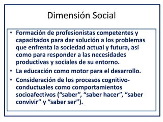Dimensión Social
• Formación de profesionistas competentes y
capacitados para dar solución a los problemas
que enfrenta la sociedad actual y futura, así
como para responder a las necesidades
productivas y sociales de su entorno.
• La educación como motor para el desarrollo.
• Consideración de los procesos cognitivo-
conductuales como comportamientos
socioafectivos (“saber”, “saber hacer”, “saber
convivir” y “saber ser”).
 