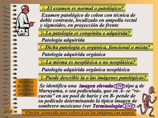A-A-El examen es normal o patológico?El examen es normal o patológico?
Examen patológico de colon con técnica deExamen patológico de colon con técnica de
doble contraste, localizado en ampolla rectaldoble contraste, localizado en ampolla rectal
y sigmoides, en proyección de frentey sigmoides, en proyección de frente
B-B-La patología es congénita o adquirida?La patología es congénita o adquirida?
Patología adquiridaPatología adquirida
D-D-La misma es neoplásica o no neoplásica?La misma es neoplásica o no neoplásica?
**OpciónOpción
de volverde volver
a ver lasa ver las
imágenesimágenes
Patología adquirida orgánica neoplásicaPatología adquirida orgánica neoplásica
E-E-Puede describir la o las imágenes patológicas?Puede describir la o las imágenes patológicas?
Se identifica unaSe identifica una imagen elevadaimagen elevada UNTUNT tipotipo aa dede
Maruyama, o sea pediculada, que en A- se “re-Maruyama, o sea pediculada, que en A- se “re-
cuesta” en un pool de bario y en B- pende decuesta” en un pool de bario y en B- pende de
su pedículo determinando la típica imagen desu pedículo determinando la típica imagen de
sombrero mexicano (versombrero mexicano (ver TerminologíaTerminología UNTUNT ))
NMNM
C-C-Dicha patología es orgánica, funcional o mixta?Dicha patología es orgánica, funcional o mixta?
Patología adquirida orgánicaPatología adquirida orgánica
**Opción avanzada para volver a ver las imágenes con reparosOpción avanzada para volver a ver las imágenes con reparos
D. F. M.D. F. M.
UNTUNT
E ME M
UNTUNT
 