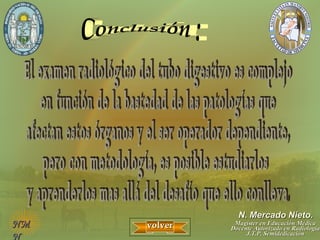 NMNM
N
volvervolver Magíster en Educación MédicaMagíster en Educación Médica
Docente Autorizado en RadiologíaDocente Autorizado en Radiología
J.T.P. SemidedicaciónJ.T.P. Semidedicación
N.N. MercadoMercado Nieto.Nieto.
 