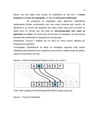 depare com tais dados será incapaz de entendê-los se não tiver o mesmo
programa e a chave de criptografia, um tipo de senha para codificação.
Os programas de criptografia usam algoritmos matemáticos
relativamente simples combinandos com uma chave fornecida pelo usuário. Os
algoritmos e as chaves são aplicados aos dados várias vezes para converter os
dados para um formato que não pode ser descriptografado sem saber os
algoritmos e a chave. Há vários tipos de técnicas de criptografia. As duas formas
principais são substituição e criptograma de transposição.
Substituição: Troca-se o alfabeto por um outro (ou vários outros) -Atacado por
frequência de caracteres
Transposição: Embaralha-se as letras da mensagem seguindo certo padrão
-Detectado pela frequência dos caracteres e procurando o padrão usado Na prática,
usava-se uma mistura dos dois.
Figura 3 – Cifra de Substituição Código de Cesar com chave 3
Fonte: http://s.glbimg.com/po/tt/f/original/2012/06/21/codigo-cesar.png
Figura 4 – Tipos de Criptografia
15
 