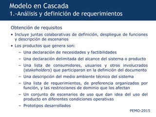 PEMO-2015
Modelo en Cascada
1.-Análisis y definición de requerimientos
Obtención de requisitos
• Incluye juntas colaborativas de definición, despliegue de funciones
y descripción de escenarios
• Los productos que genera son:
– Una declaración de necesidades y factibilidades
– Una declaración delimitada del alcance del sistema o producto
– Una lista de consumidores, usuarios y otros involucrados
(stakeholders) que participaron en la definición del documento
– Una descripción del medio ambiente técnico del sistema
– Una lista de requerimientos, de preferencia organizados por
función, y las restricciones de dominio que los afectan
– Un conjunto de escenarios de uso que dan idea del uso del
producto en diferentes condiciones operativas
– Prototipos desarrollados
 