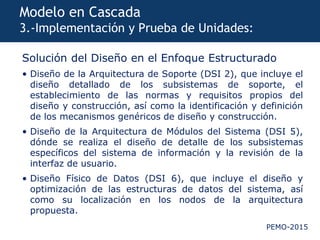 PEMO-2015
Modelo en Cascada
3.-Implementación y Prueba de Unidades:
Solución del Diseño en el Enfoque Estructurado
• Diseño de la Arquitectura de Soporte (DSI 2), que incluye el
diseño detallado de los subsistemas de soporte, el
establecimiento de las normas y requisitos propios del
diseño y construcción, así como la identificación y definición
de los mecanismos genéricos de diseño y construcción.
• Diseño de la Arquitectura de Módulos del Sistema (DSI 5),
dónde se realiza el diseño de detalle de los subsistemas
específicos del sistema de información y la revisión de la
interfaz de usuario.
• Diseño Físico de Datos (DSI 6), que incluye el diseño y
optimización de las estructuras de datos del sistema, así
como su localización en los nodos de la arquitectura
propuesta.
 