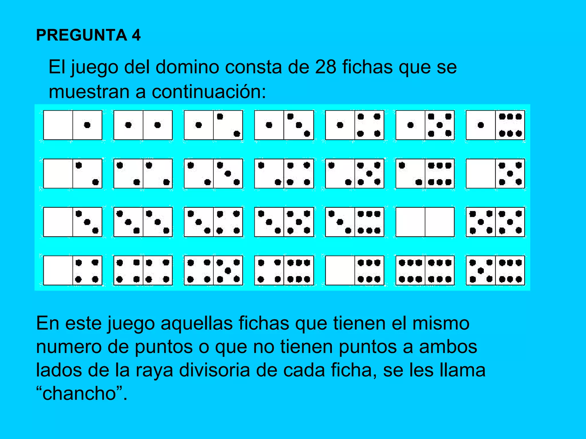 El juego del domino consta de 28 fichas que se muestran a continuación: PREGUNTA 4 En este juego aquellas fichas que tienen el mismo numero de puntos o que no tienen puntos a ambos lados de la raya divisoria de cada ficha, se les llama “chancho”. 