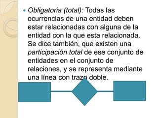 Obligatoria (total): Todas las ocurrencias de una entidad deben estar relacionadas con alguna de la entidad con la que esta relacionada. Se dice también, que existen una participación total de ese conjunto de entidades en el conjunto de relaciones, y se representa mediante una línea con trazo doble. 