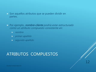 ATRIBUTOS SIMPLES
 Son aquellos atributos que no se subdividen. Por
ejemplo Fecha de Naciemiento para el caso del
cliente
Modelo Entidad-Relación
12
 